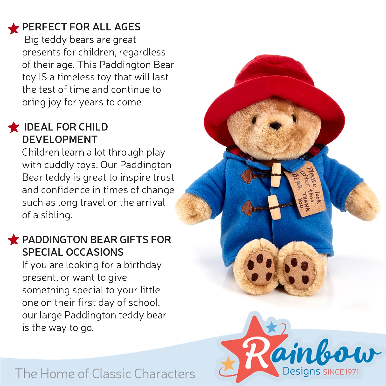 Officially Licenced Classic Cuddly Paddington Bear Soft Toy by Rainbow Designs