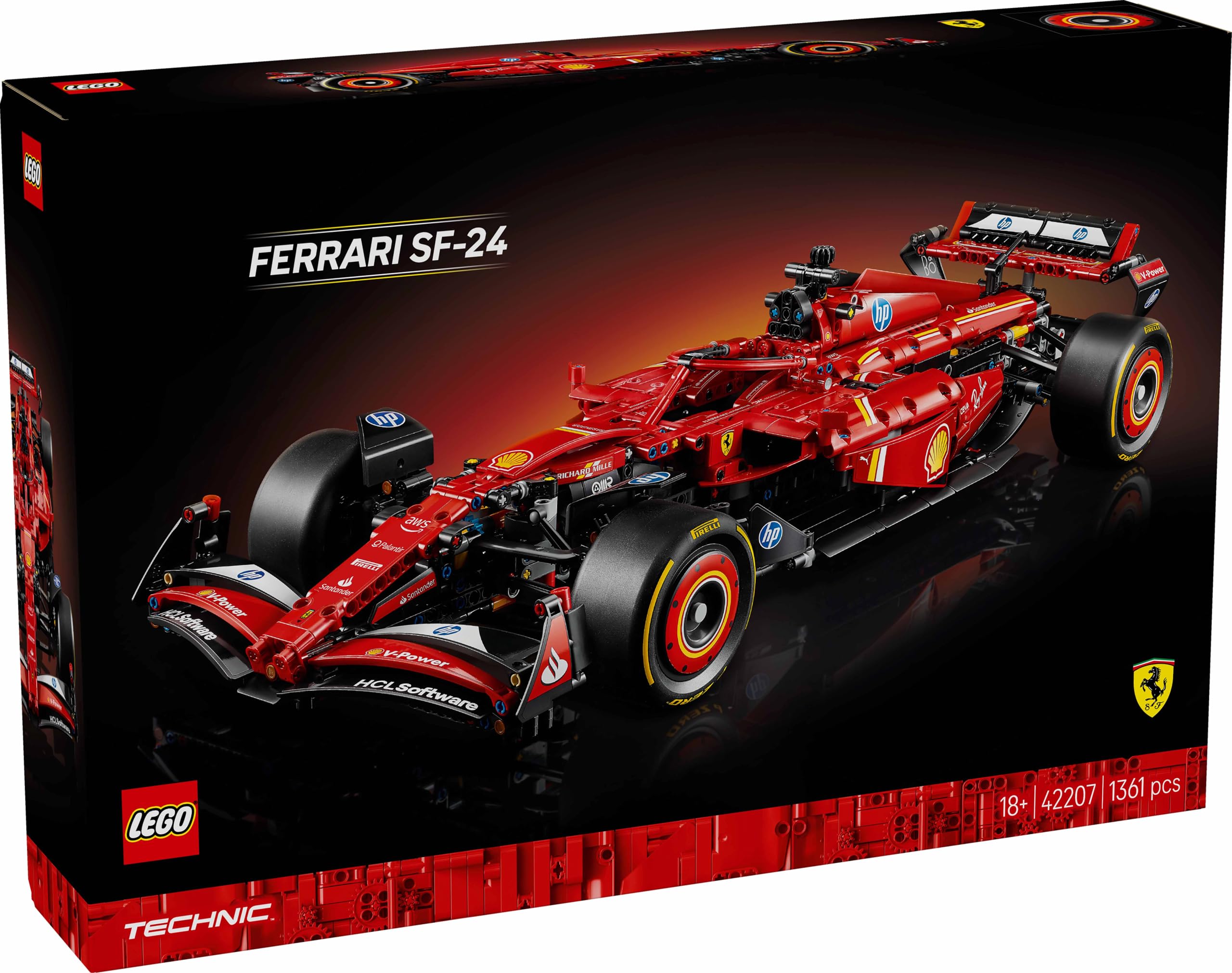 LEGO Technic 42207 Ferrari SF-24 F1 Rennwagen 1:8 mit V6-Motor, Getriebe, Lenkung & DRS, inkl. Speed Champions 30709 Polybag Sammlerset