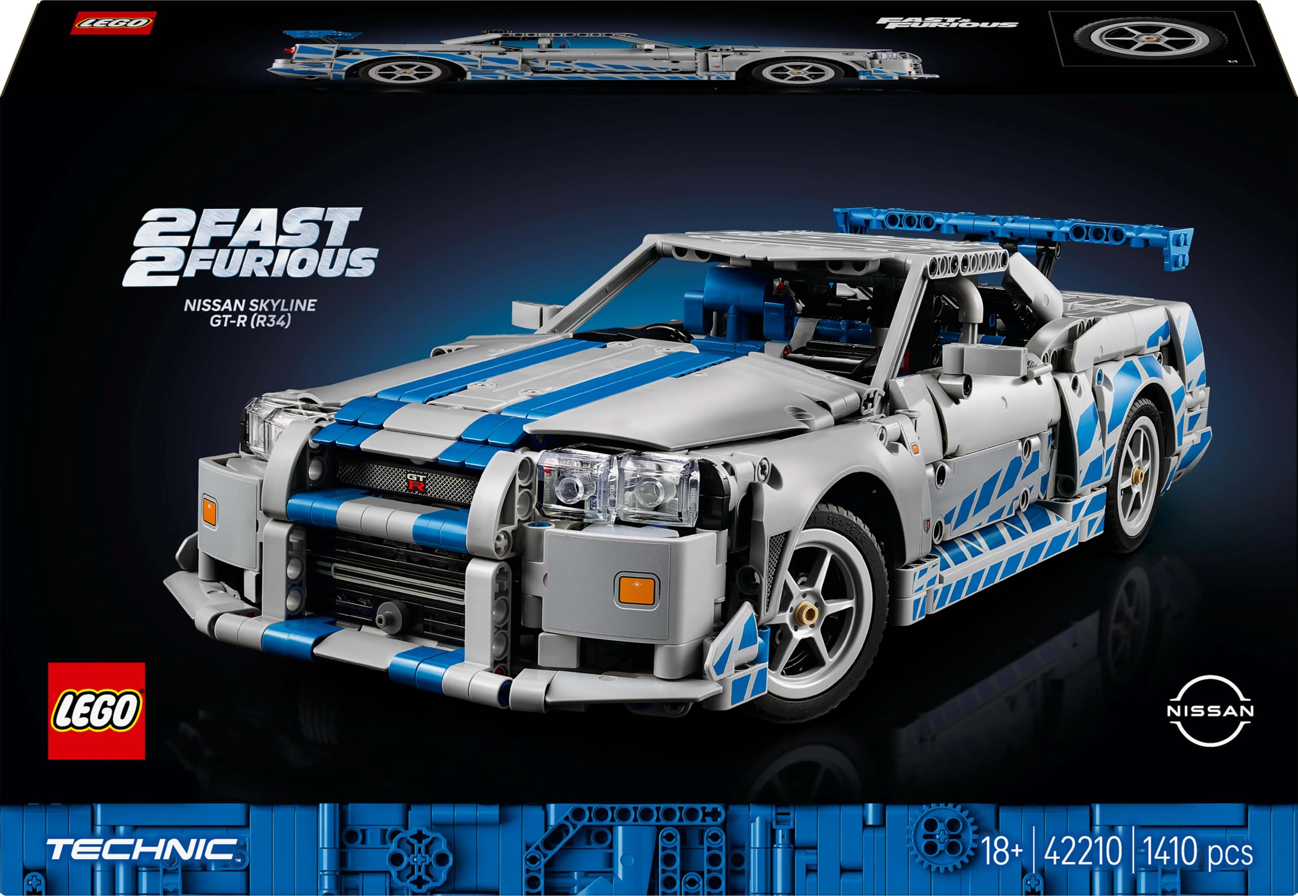 LEGO Technic 42210 2 Fast 2 Furious Nissan Skyline GT-R R34, Automodell-Bausatz für Erwachsene mit Driftfunktion, Lenkung & 6-Zylinder-Motor