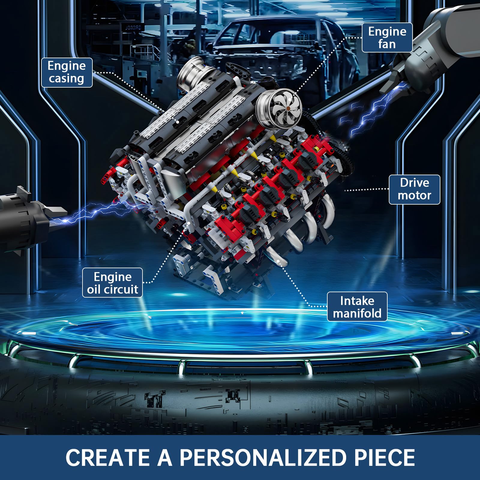 Mould King 10130 V8 Motor Bausatz, 2718 Klemmbausteine Technik F488 Auto Motor Modell mit funktionsfähigem Engine Kit für Erwachsene