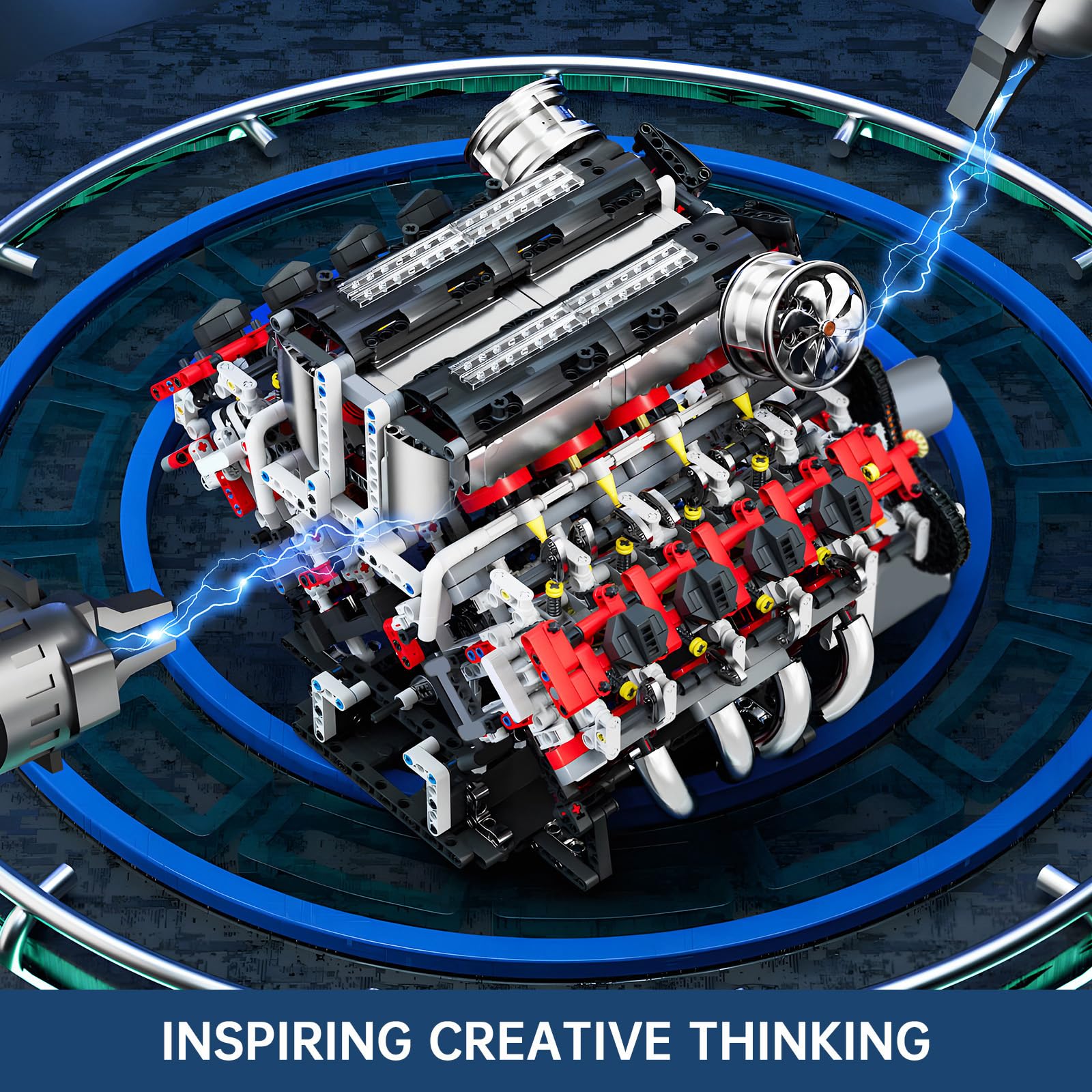 Mould King 10130 V8 Motor Bausatz, 2718 Klemmbausteine Technik F488 Auto Motor Modell mit funktionsfähigem Engine Kit für Erwachsene